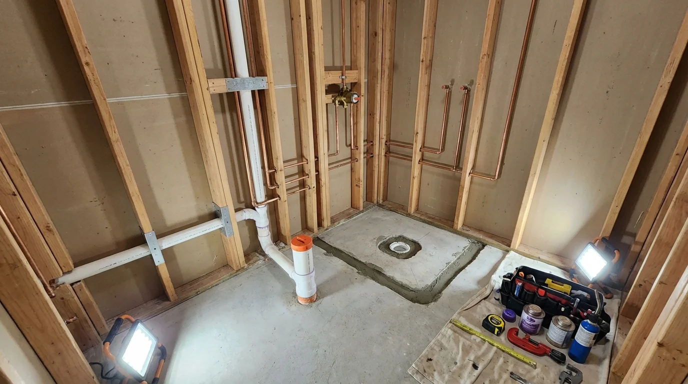 Bathroom rough-in plumbing during remodel by Johns Plumbing LLC in Raymondville