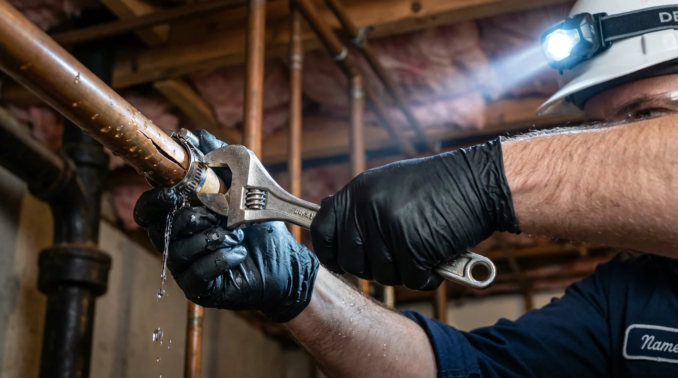 Emergency pipe clamp repair being performed by a Johns Plumbing LLC plumber in Raymondville