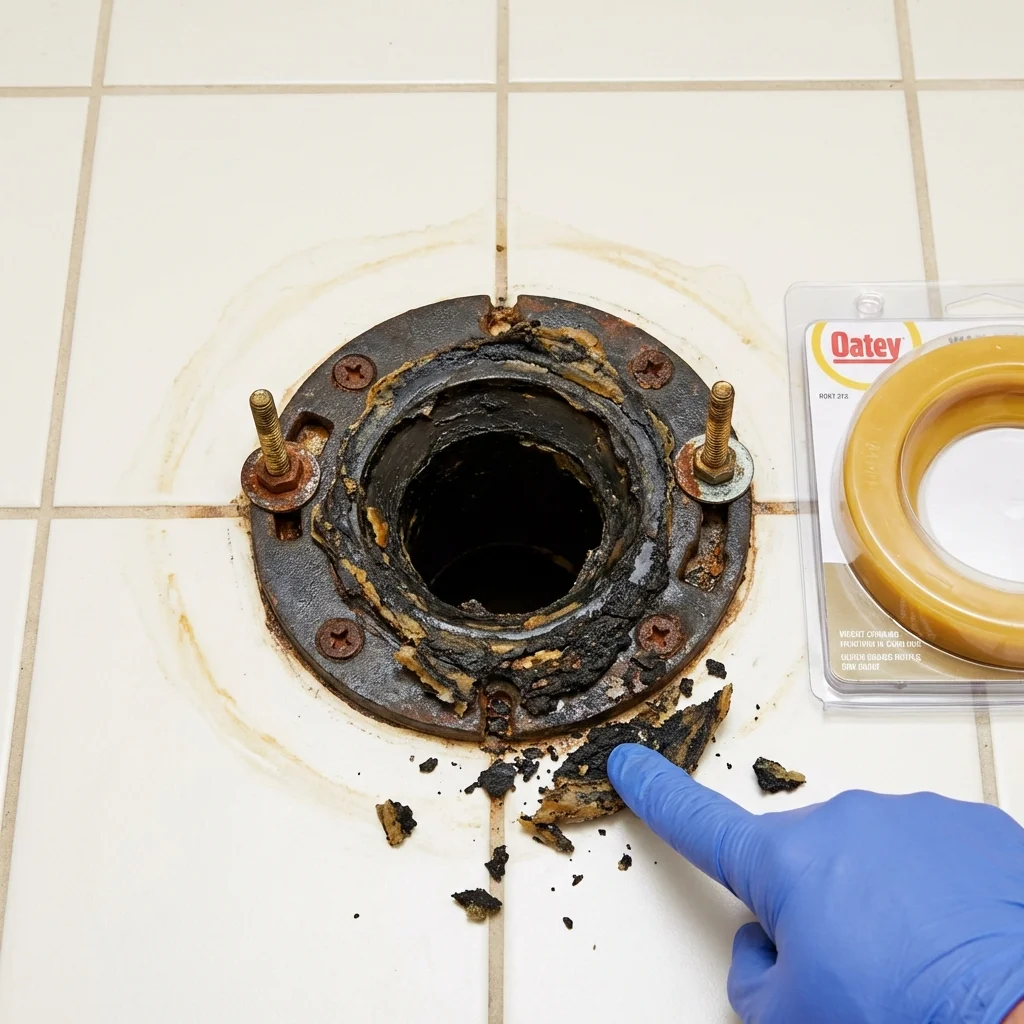 Failed wax ring showing water seepage at the base of a toilet in a Raymondville, TX home