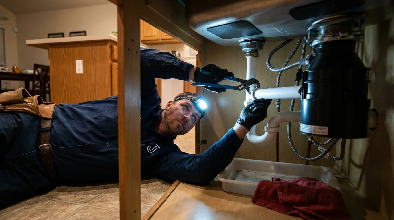P-trap and supply line connections under a kitchen sink showing a common leak point in Raymondville, TX